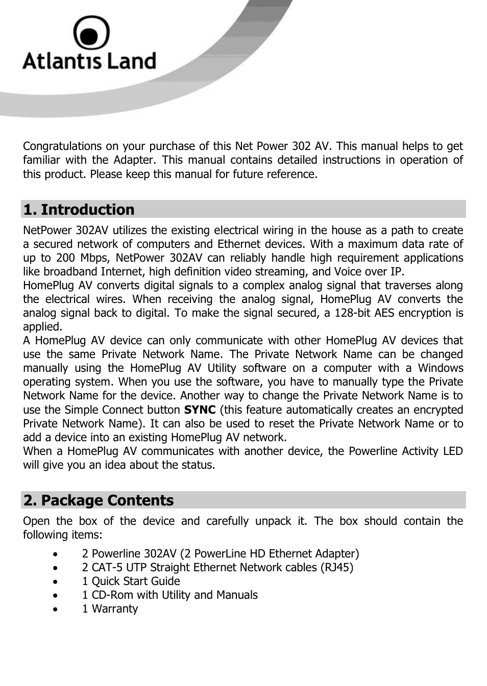 Introduction, Package contents | Atlantis Land NET POWER 302AV User Manual | Page 9 / 35