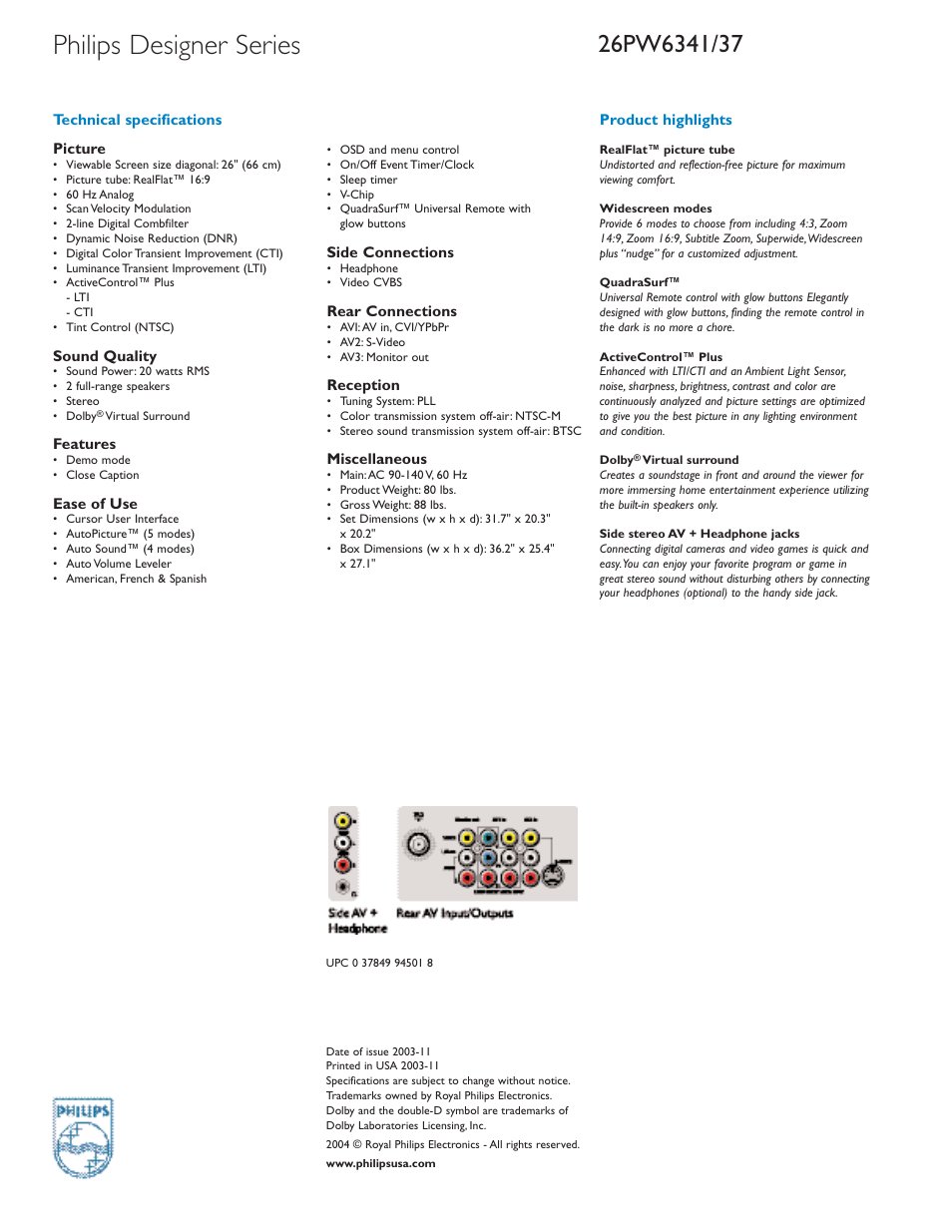 Philips designer series | Philips 26PW6341-37 User Manual | Page 2 / 2