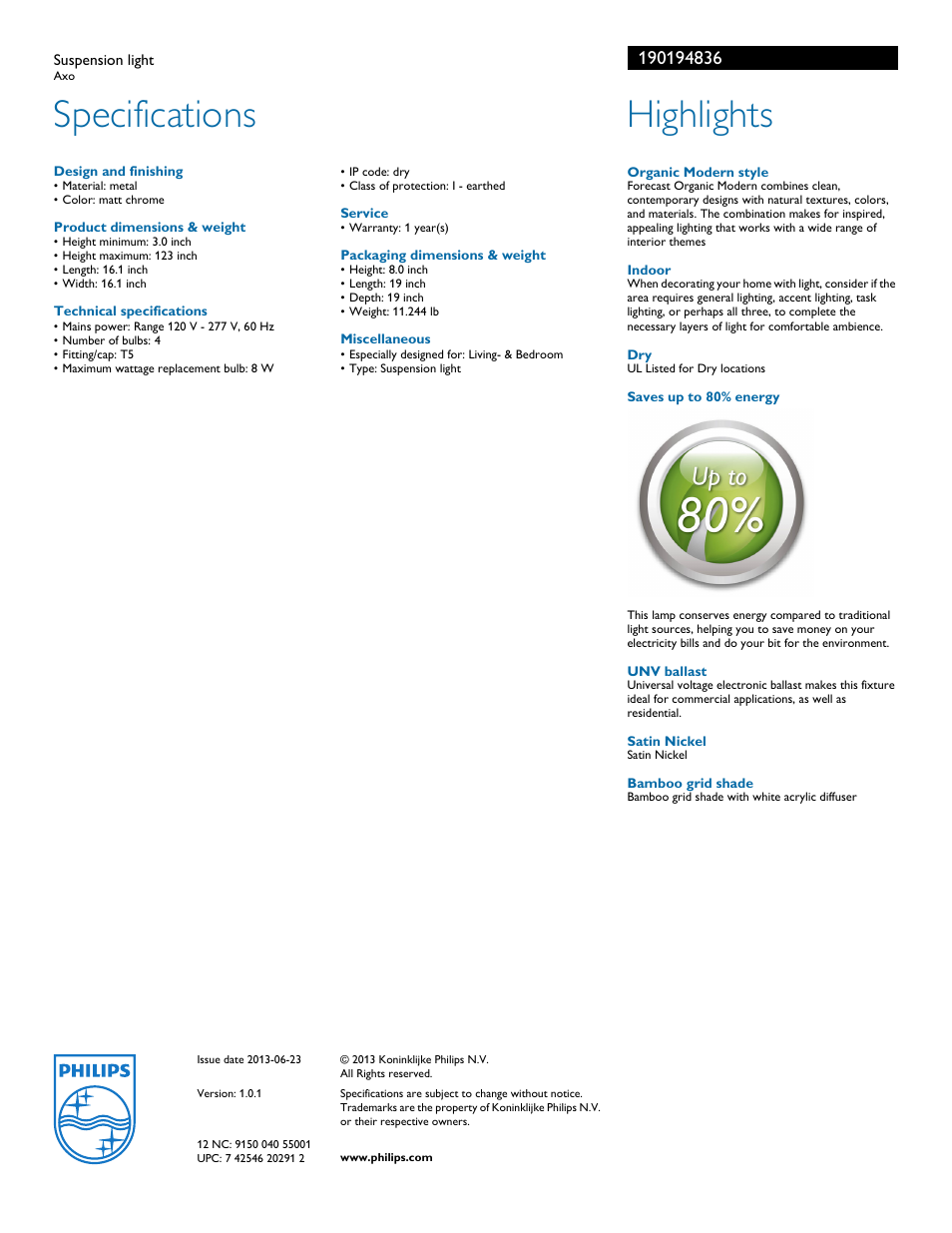 Specifications, Highlights | Philips 190194836 User Manual | Page 2 / 2