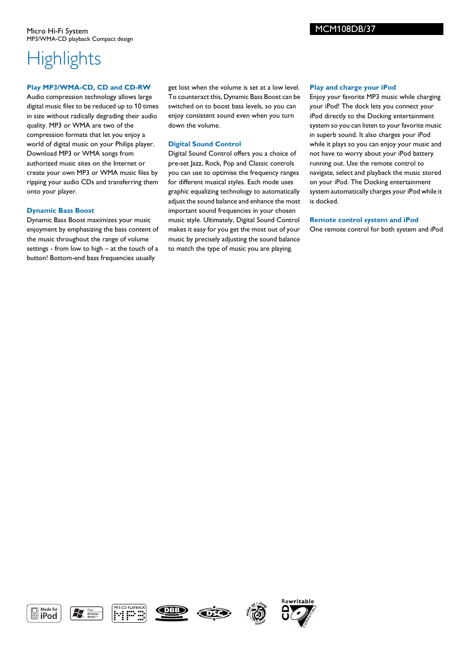 Highlights | Philips MP3-WMA-CD playback Micro Hi-Fi System User Manual | Page 2 / 3