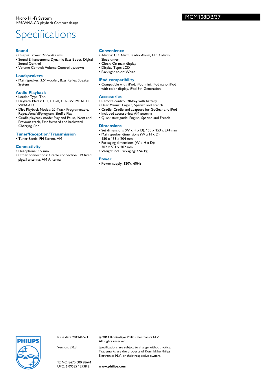 Specifications | Philips MP3-WMA-CD playback Micro Hi-Fi System User Manual | Page 3 / 3