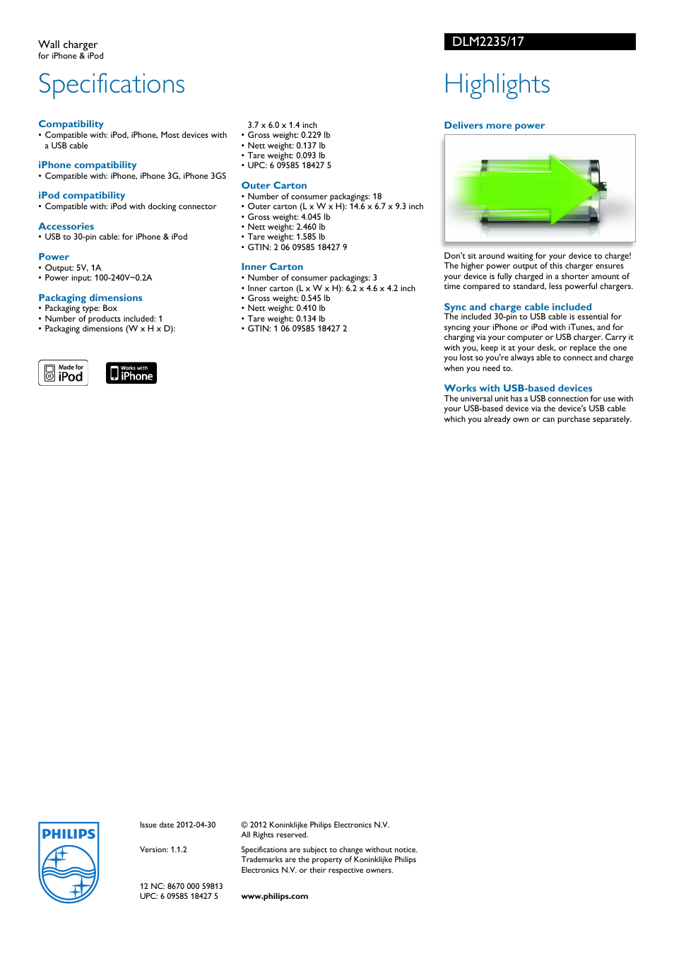 Specifications, Highlights | Philips DLM2235-17 User Manual | Page 2 / 2