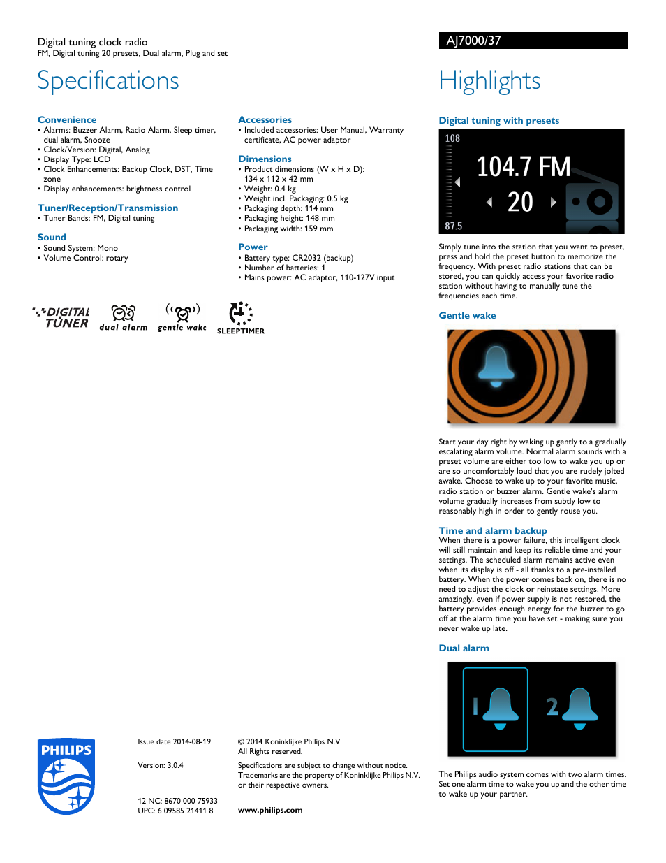 Specifications, Highlights | Philips Digital tuning clock radio AJ7000 FM Digital tuning 20 presets Dual alarm Plug and set User Manual | Page 2 / 2