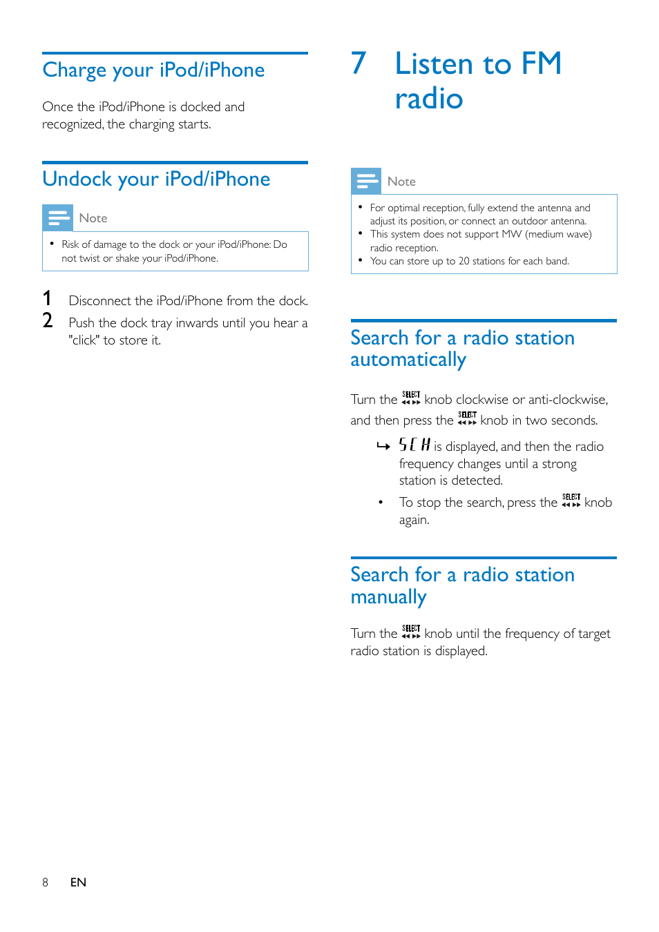 4 power on and select a source, Charge your ipod/iphone, Undock your ipod/iphone | 7 listen to fm radio, Search for a radio station automatically 8, Search for a radio station manually, Search for a radio station automatically | Philips ORD7100C-00 User Manual | Page 10 / 18