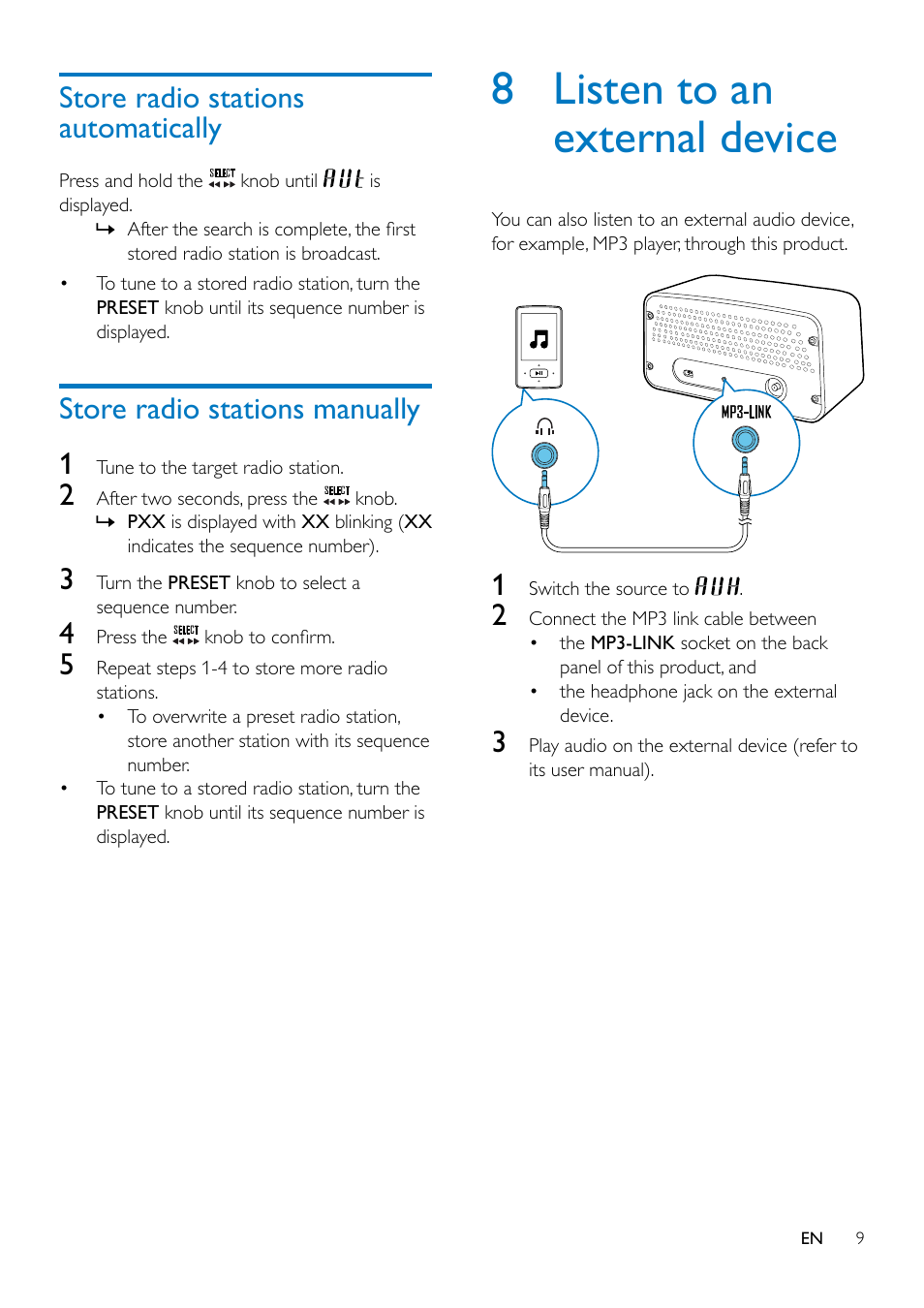 5 set the clock, Store radio stations automatically, Store radio stations manually | 8 listen to an external device | Philips ORD7100C-00 User Manual | Page 11 / 18
