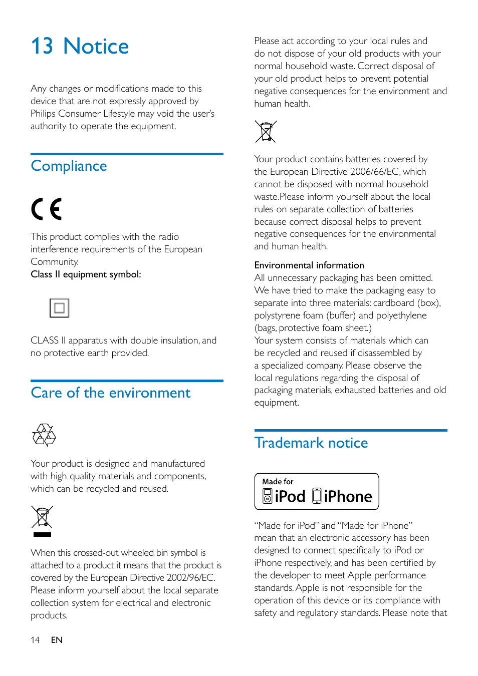 9 adjust the volume, 13 notice, Compliance 14 | Care of the environment, Trademark notice, Compliance | Philips ORD7100C-00 User Manual | Page 16 / 18