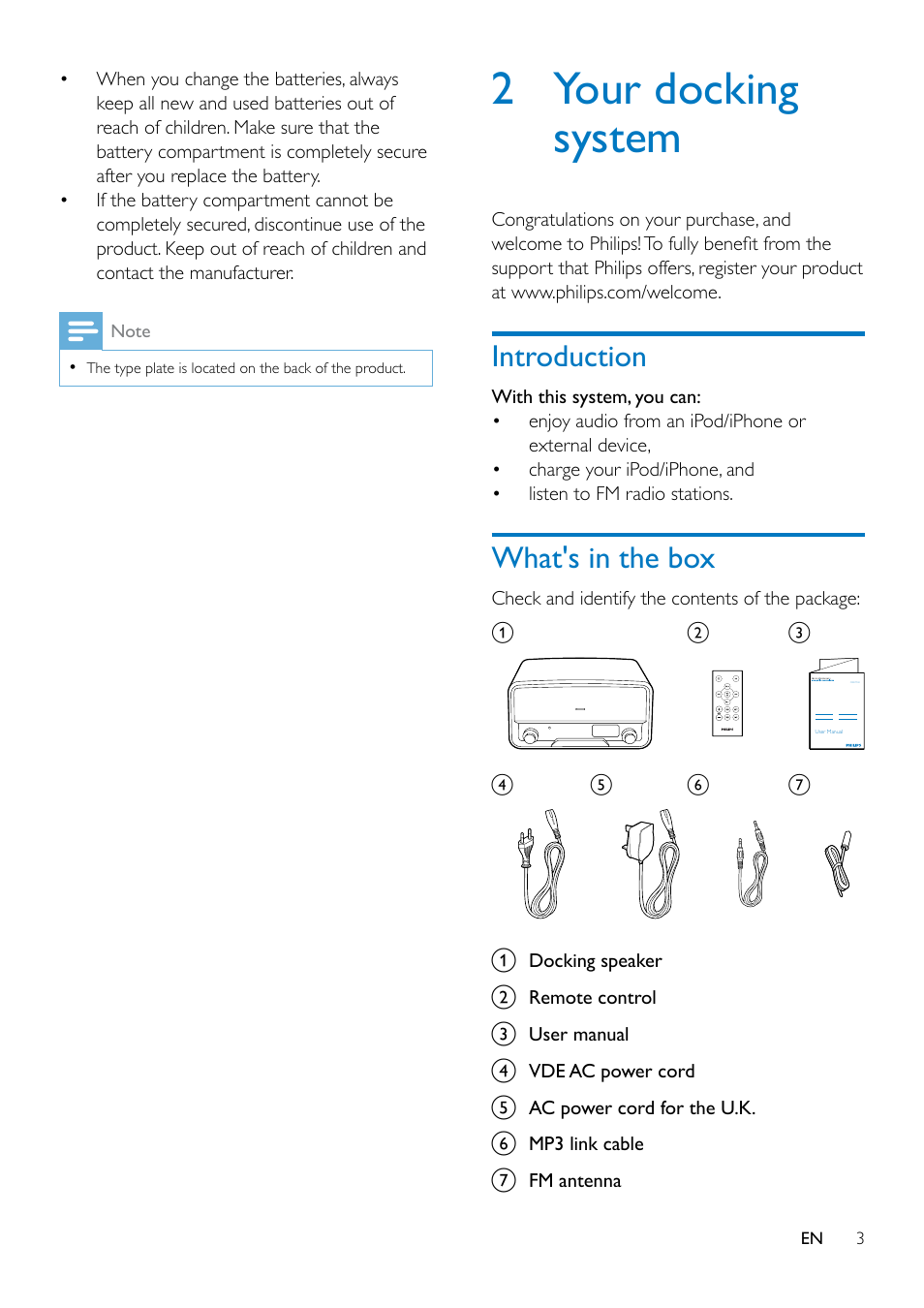 2 your docking system, Introduction 3, What's in the box | Philips ORD7100C-00 User Manual | Page 5 / 18
