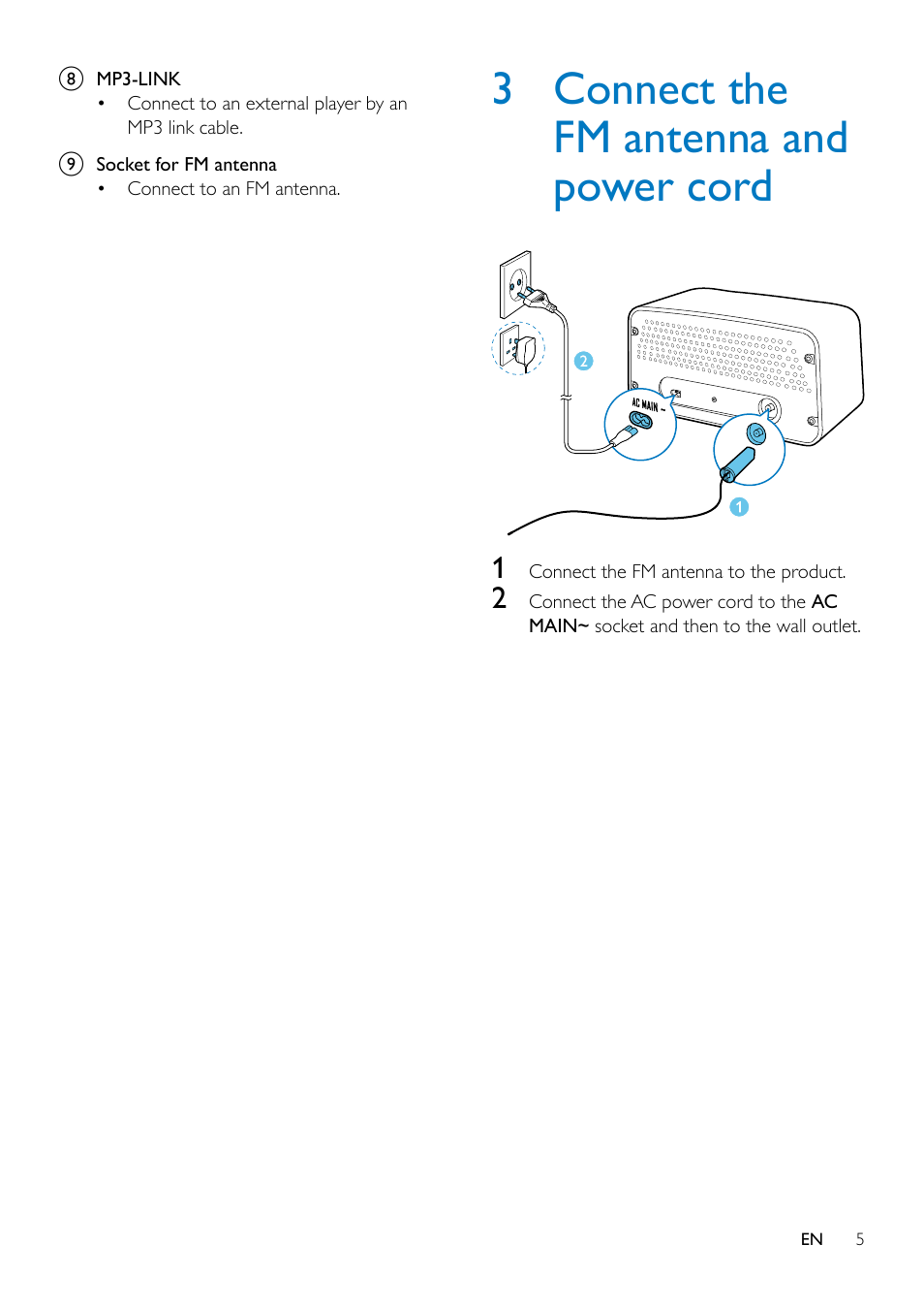 Overview of the system, 3 connect the fm antenna and, Power cord | Philips ORD7100C-00 User Manual | Page 7 / 18