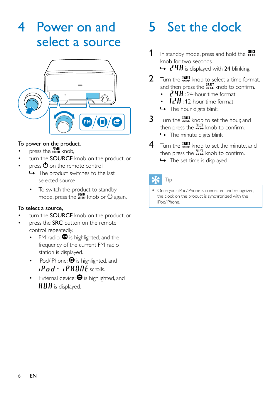 4 power on and select a source, 5 set the clock | Philips ORD7100C-00 User Manual | Page 8 / 18