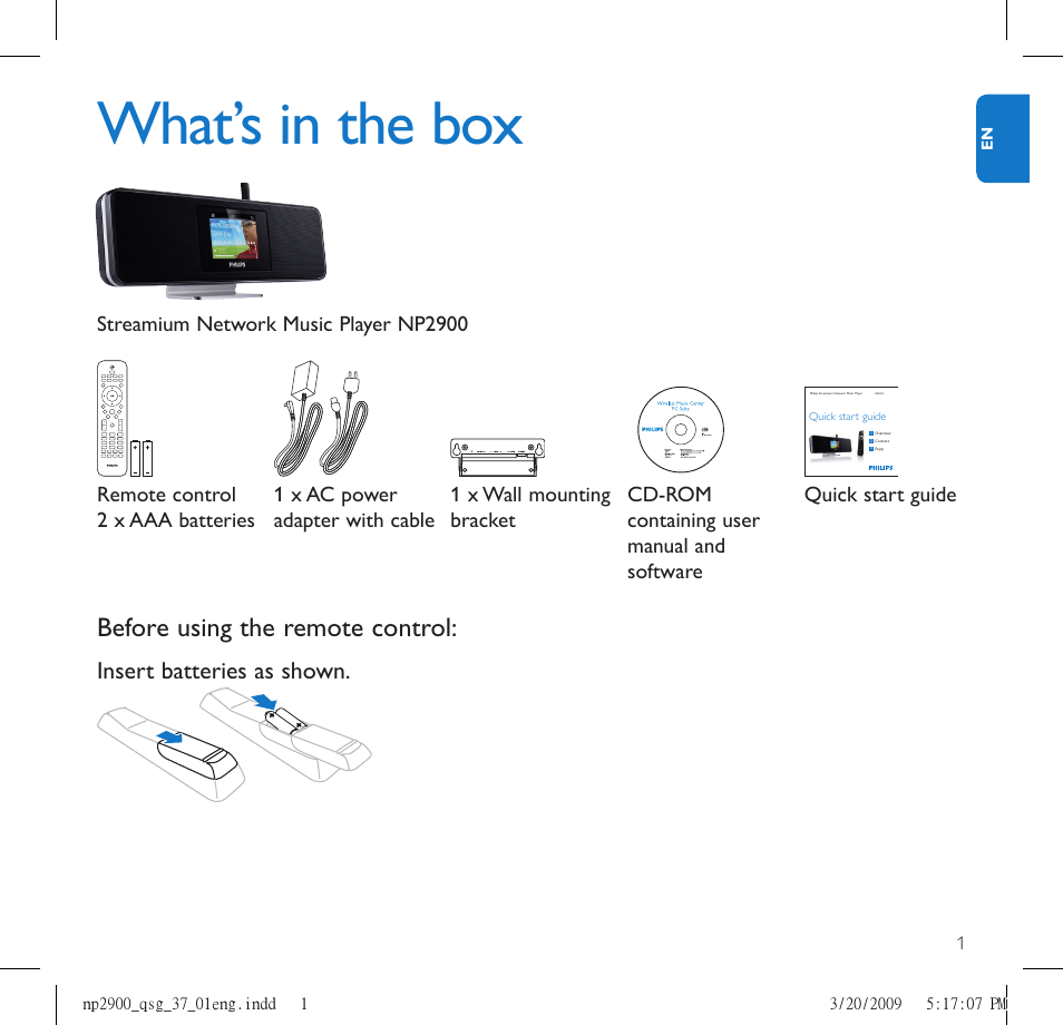 What’s in the box, Before using the remote control, Insert batteries as shown | Philips NP2900-37B User Manual | Page 3 / 21