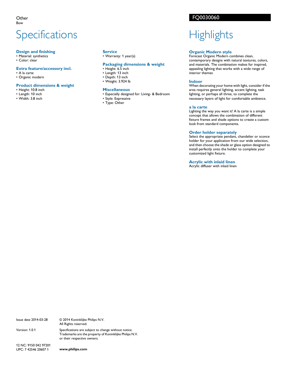 Specifications, Highlights | Philips FQ0030060 User Manual | Page 2 / 2