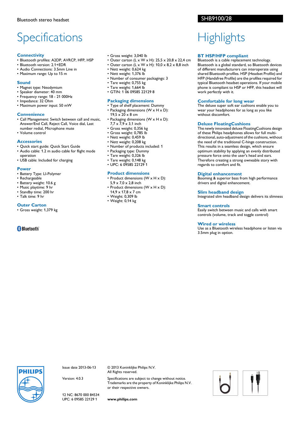 Specifications, Highlights | Philips SHB9100-28 User Manual | Page 2 / 2