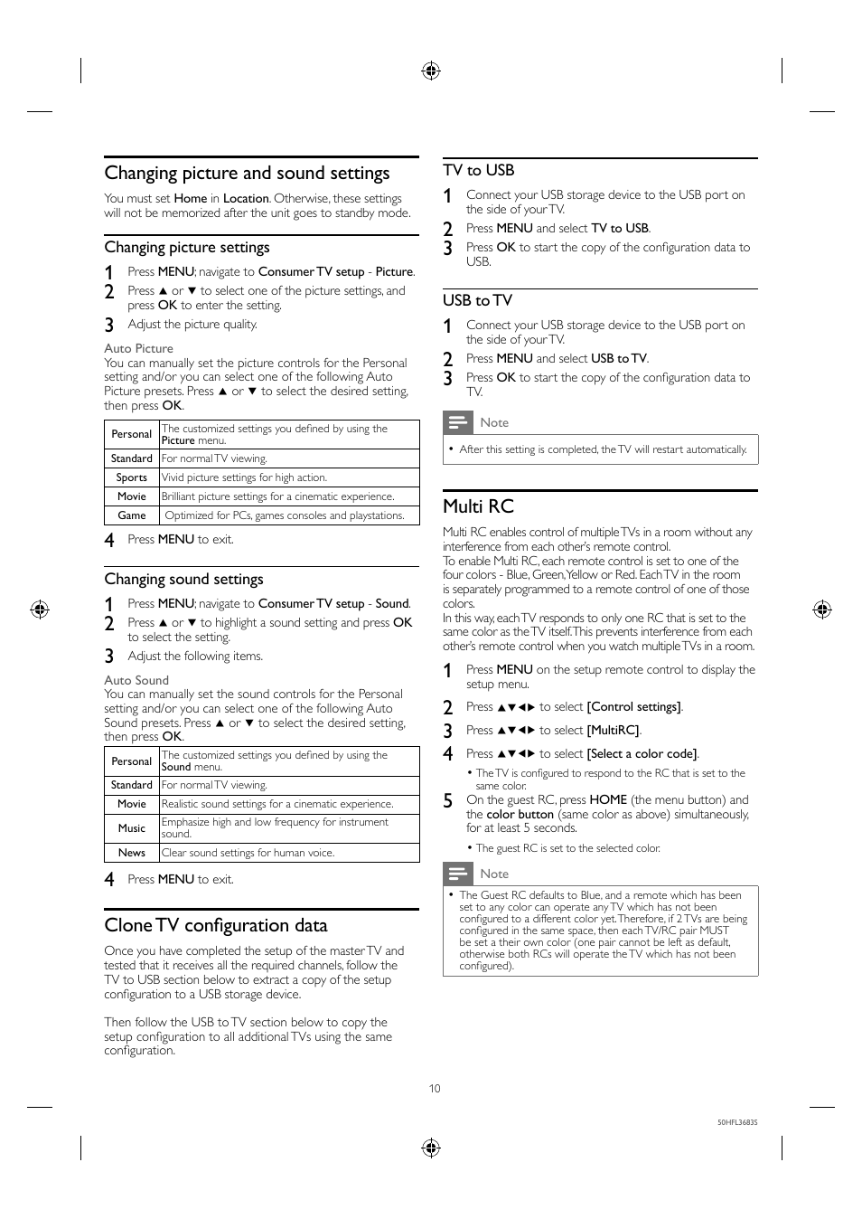 Changing picture and sound settings, Clone tv confi guration data, Multi rc | Philips 50HFL3683S-F7 User Manual | Page 10 / 12