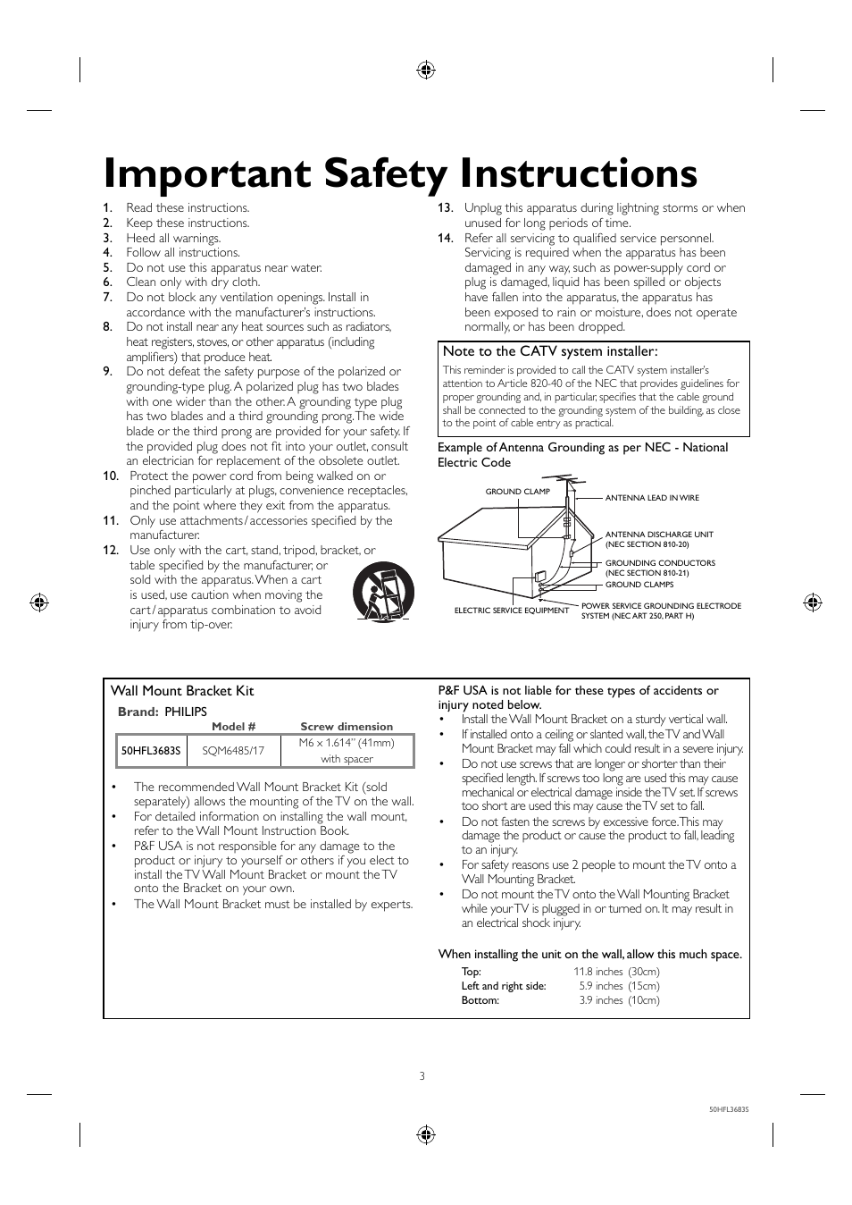 Important safety instructions | Philips 50HFL3683S-F7 User Manual | Page 3 / 12