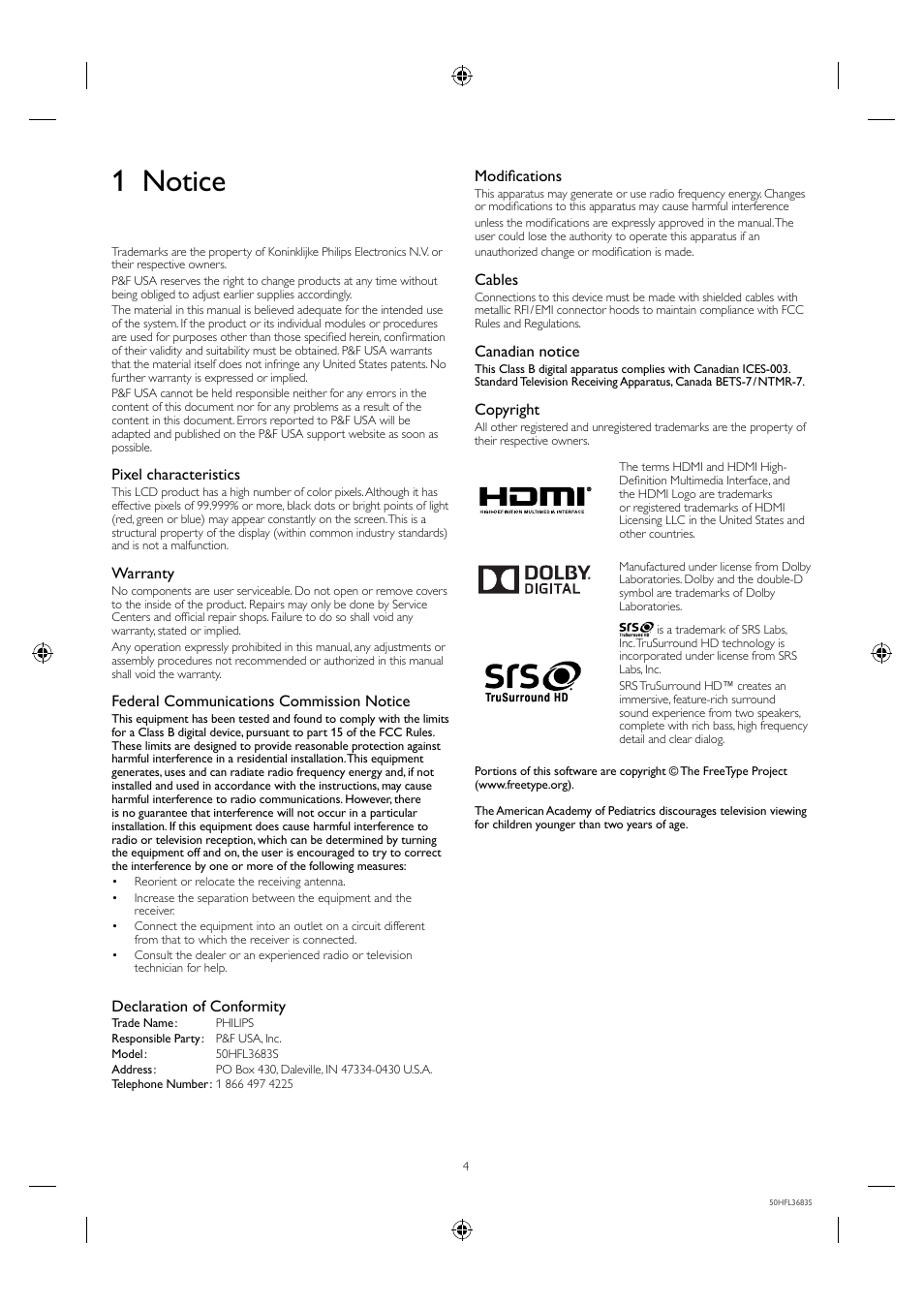 1 notice, Pixel characteristics, Warranty | Federal communications commission notice, Declaration of conformity, Modifi cations, Cables, Canadian notice, Copyright | Philips 50HFL3683S-F7 User Manual | Page 4 / 12