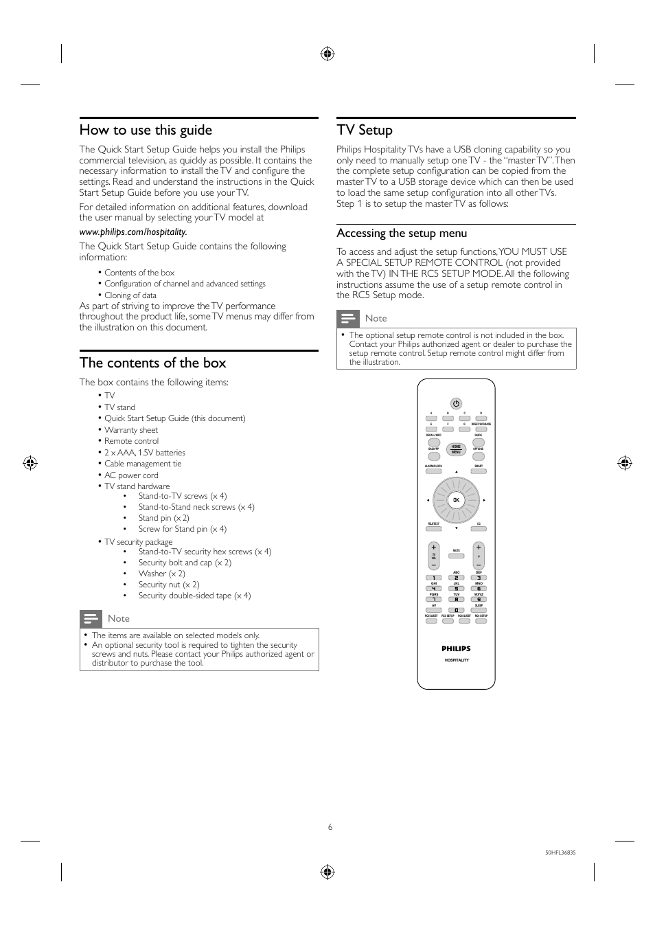 How to use this guide, The contents of the box, Tv setup | Accessing the setup menu | Philips 50HFL3683S-F7 User Manual | Page 6 / 12