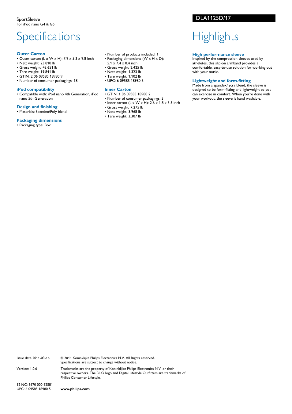 Specifications, Highlights | Philips DLA1125D-17 User Manual | Page 2 / 2