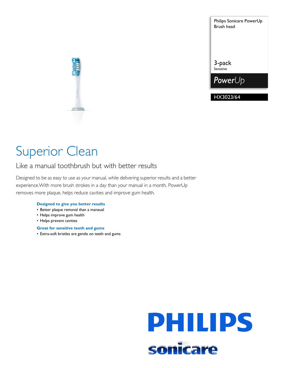 Philips Sonicare PowerUp Brush head HX3023-64 3-pack Sensitive User Manual | 2 pages