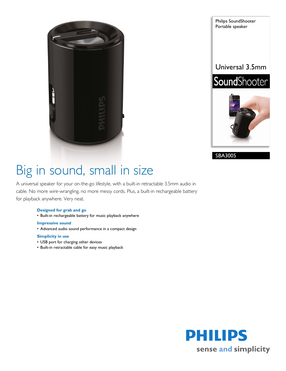 Philips SoundShooter Portable speaker SBA3005 Universal 3.5mm User Manual | 2 pages