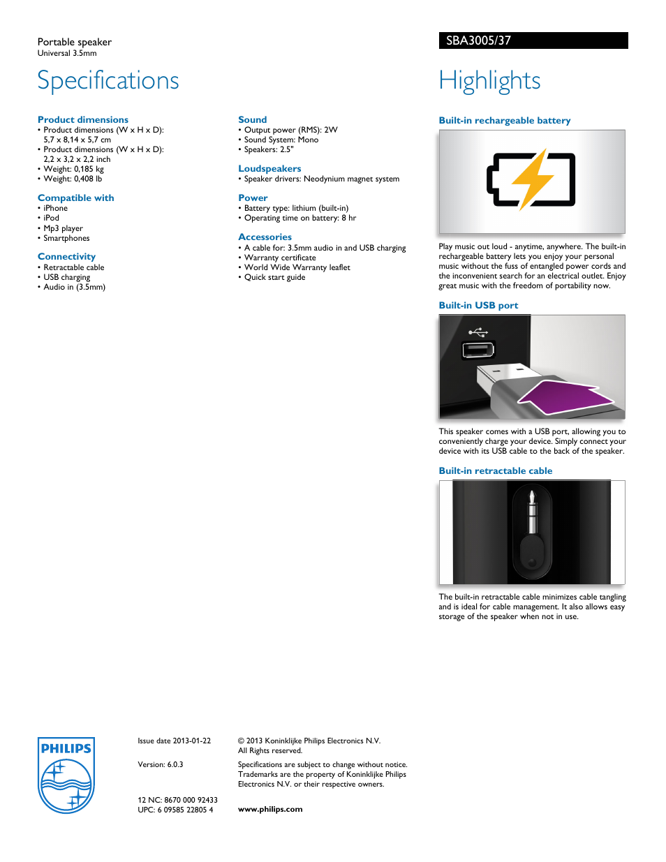 Specifications, Highlights | Philips SoundShooter Portable speaker SBA3005 Universal 3.5mm User Manual | Page 2 / 2