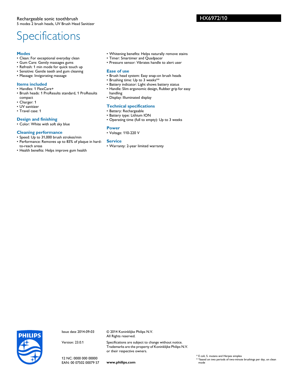 Specifications | Philips HX6972-10 User Manual | Page 3 / 3