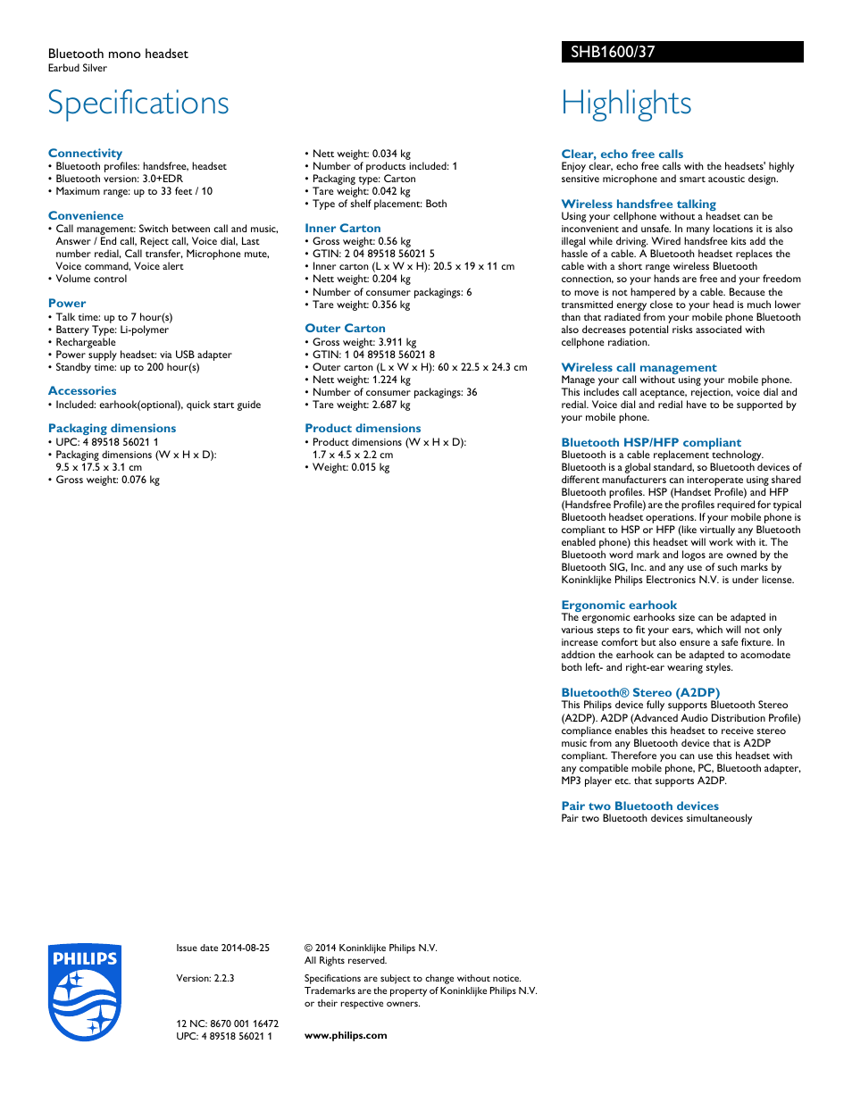 Specifications, Highlights | Philips SHB1600-37 User Manual | Page 2 / 2