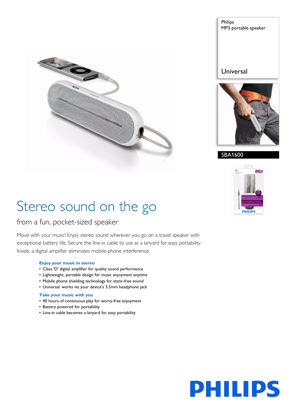 Philips MP3 portable speaker SBA1600 Universal User Manual | 2 pages