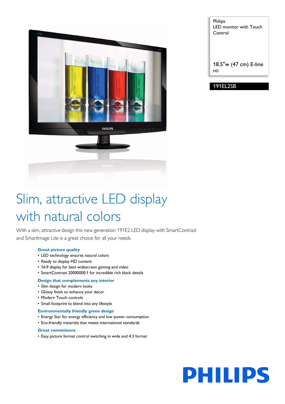 Philips LED monitor with Touch Control 191EL2SB 18.5''w 47 cm E-line HD User Manual | 3 pages