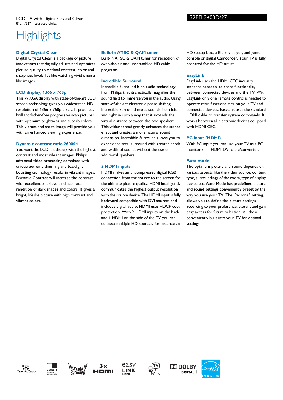 Highlights | Philips 32PFL3403D-27 User Manual | Page 2 / 3