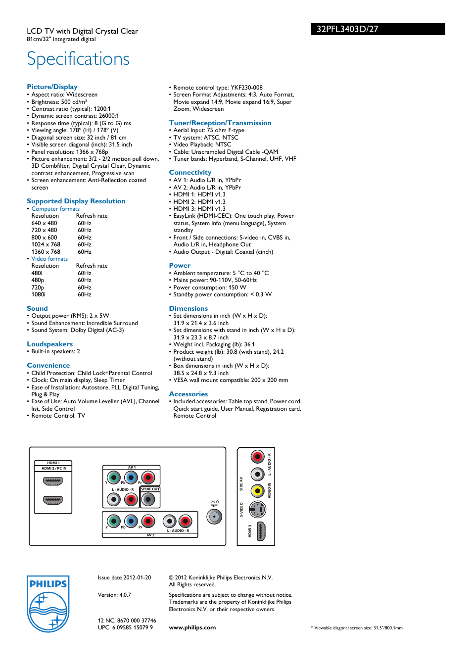 Specifications, Lcd tv with digital crystal clear | Philips 32PFL3403D-27 User Manual | Page 3 / 3