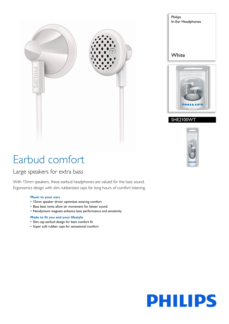 Philips In-Ear Headphones SHE2100WT White User Manual | 2 pages