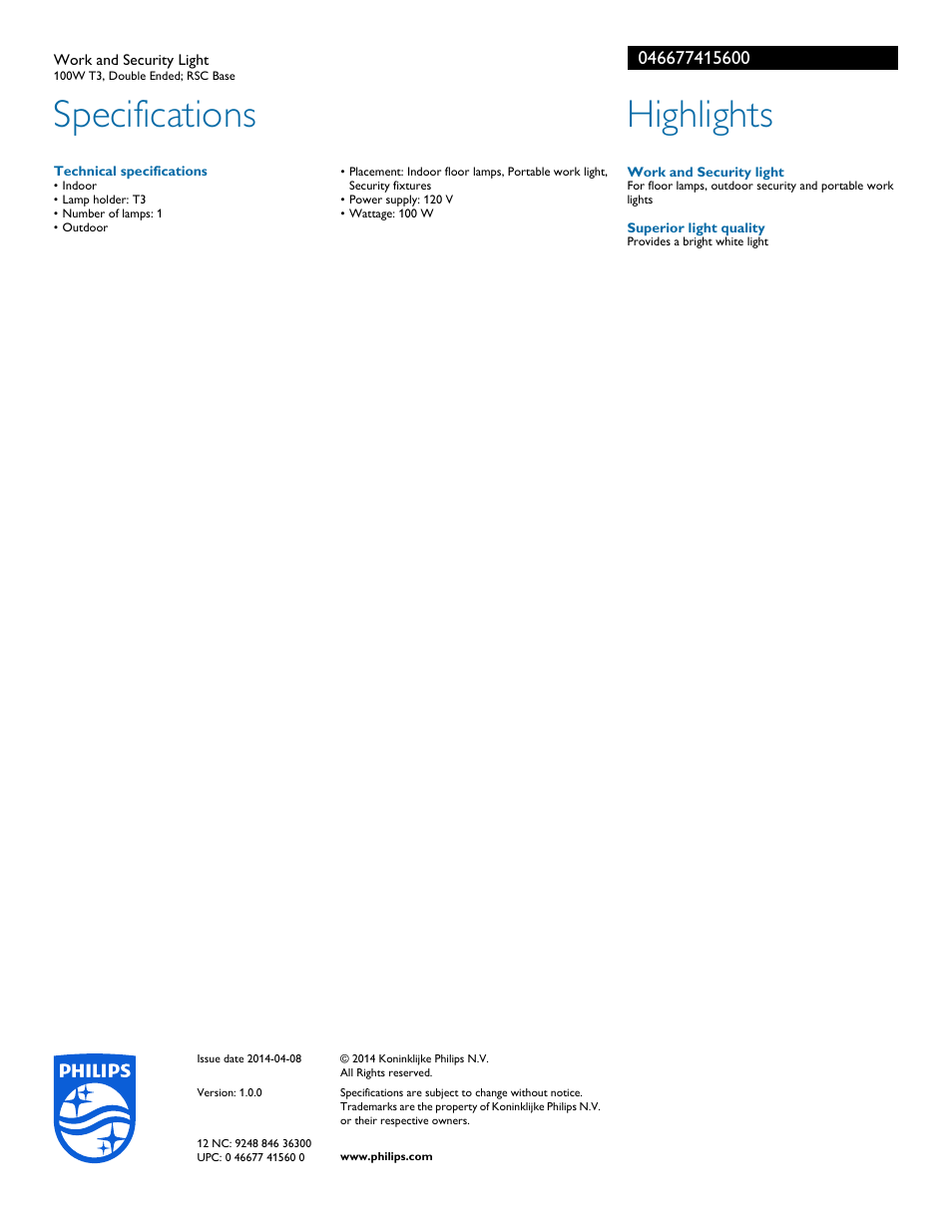 Specifications, Highlights | Philips 046677415600 User Manual | Page 2 / 2