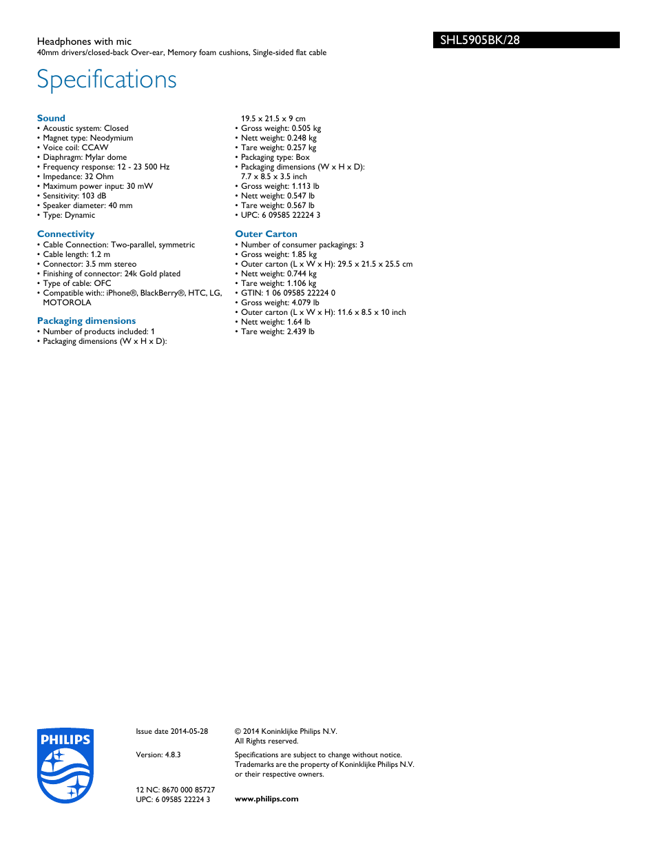 Specifications | Philips SHL5905BK-28 User Manual | Page 3 / 3
