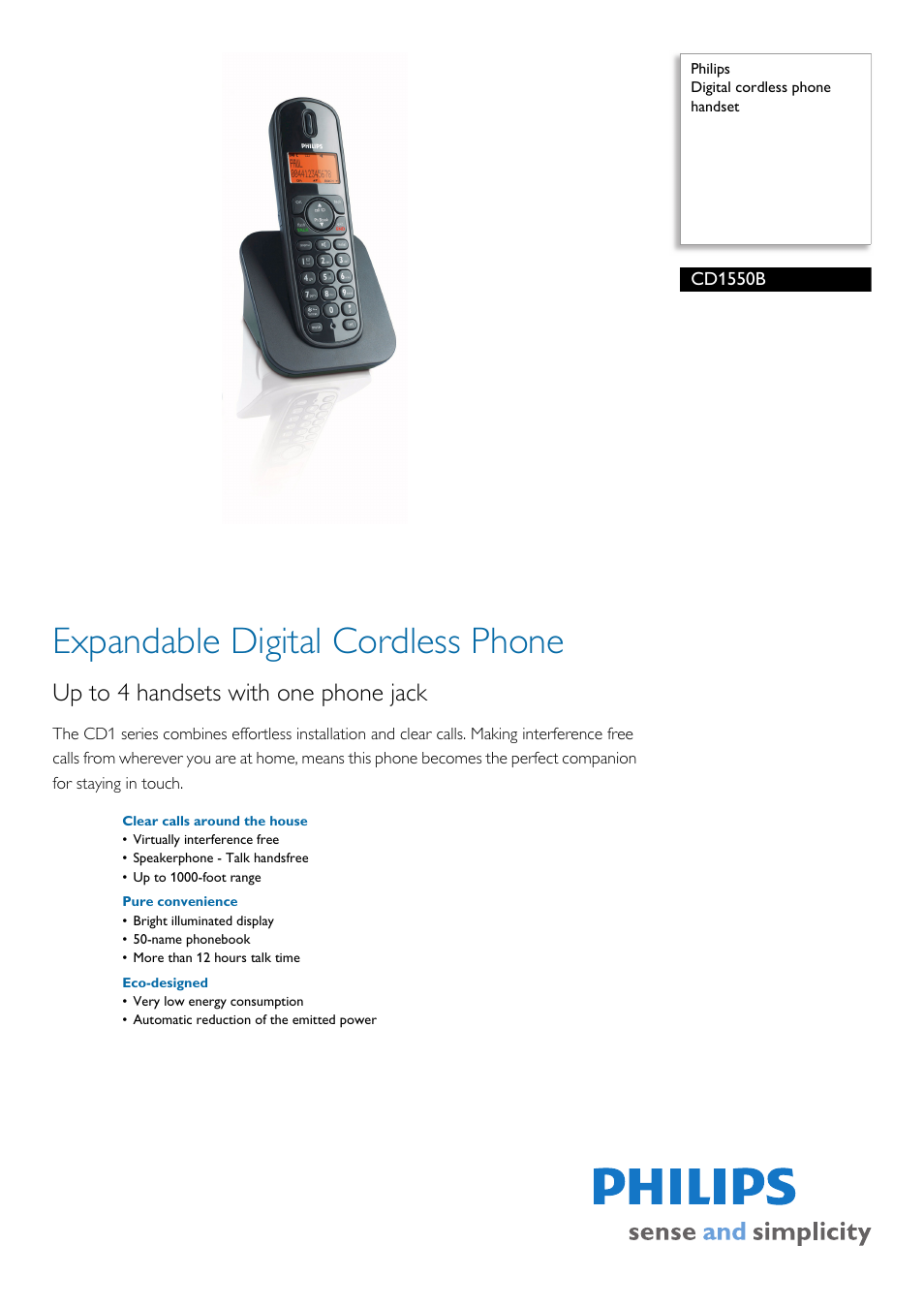 Philips Digital cordless phone handset CD1550B User Manual | 2 pages