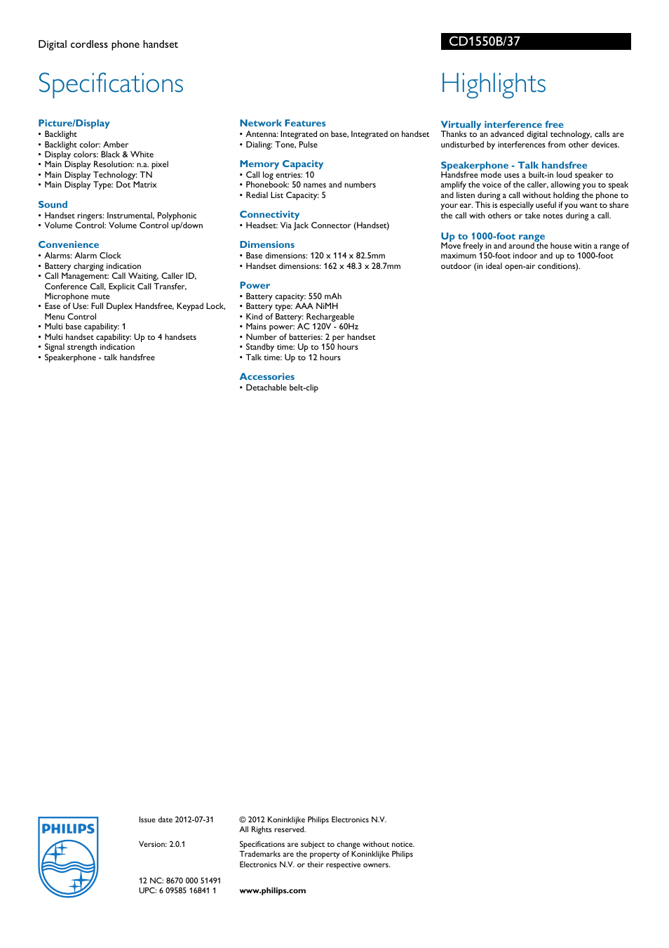 Specifications, Highlights | Philips Digital cordless phone handset CD1550B User Manual | Page 2 / 2