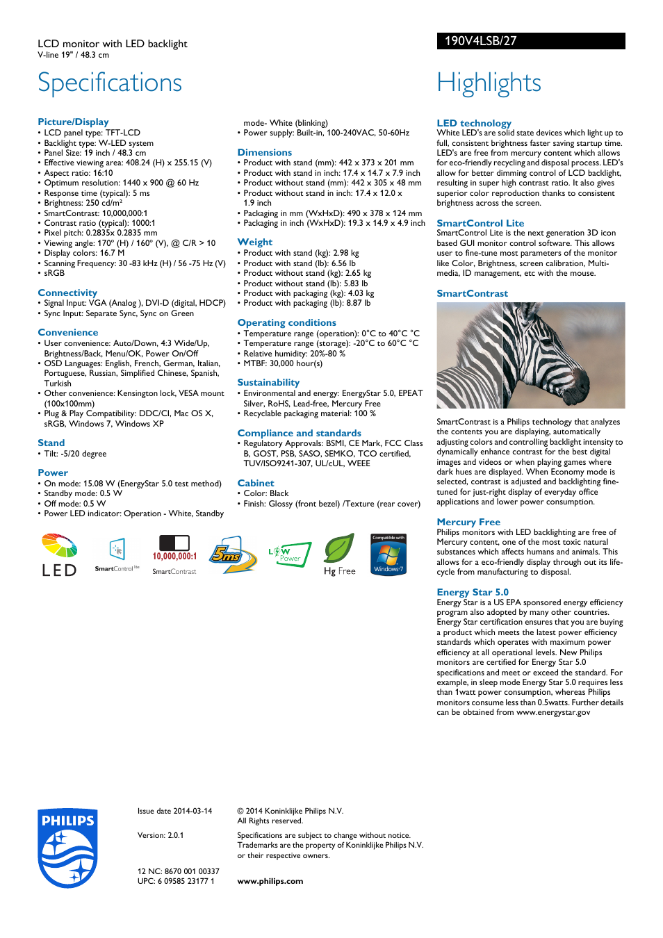 Specifications, Highlights | Philips 190V4LSB-27 User Manual | Page 2 / 2