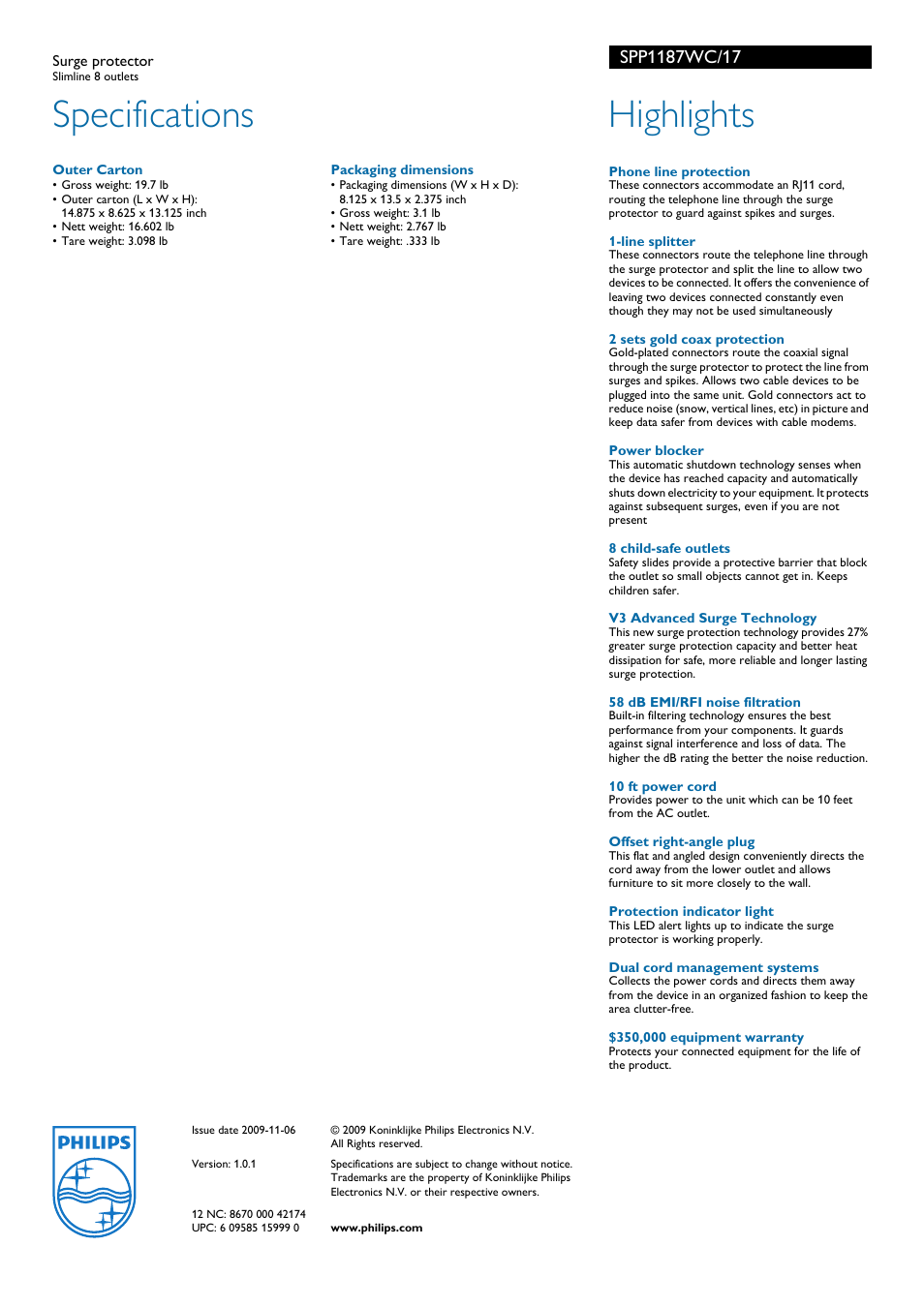 Specifications, Highlights | Philips SPP1187WC-17 User Manual | Page 2 / 2