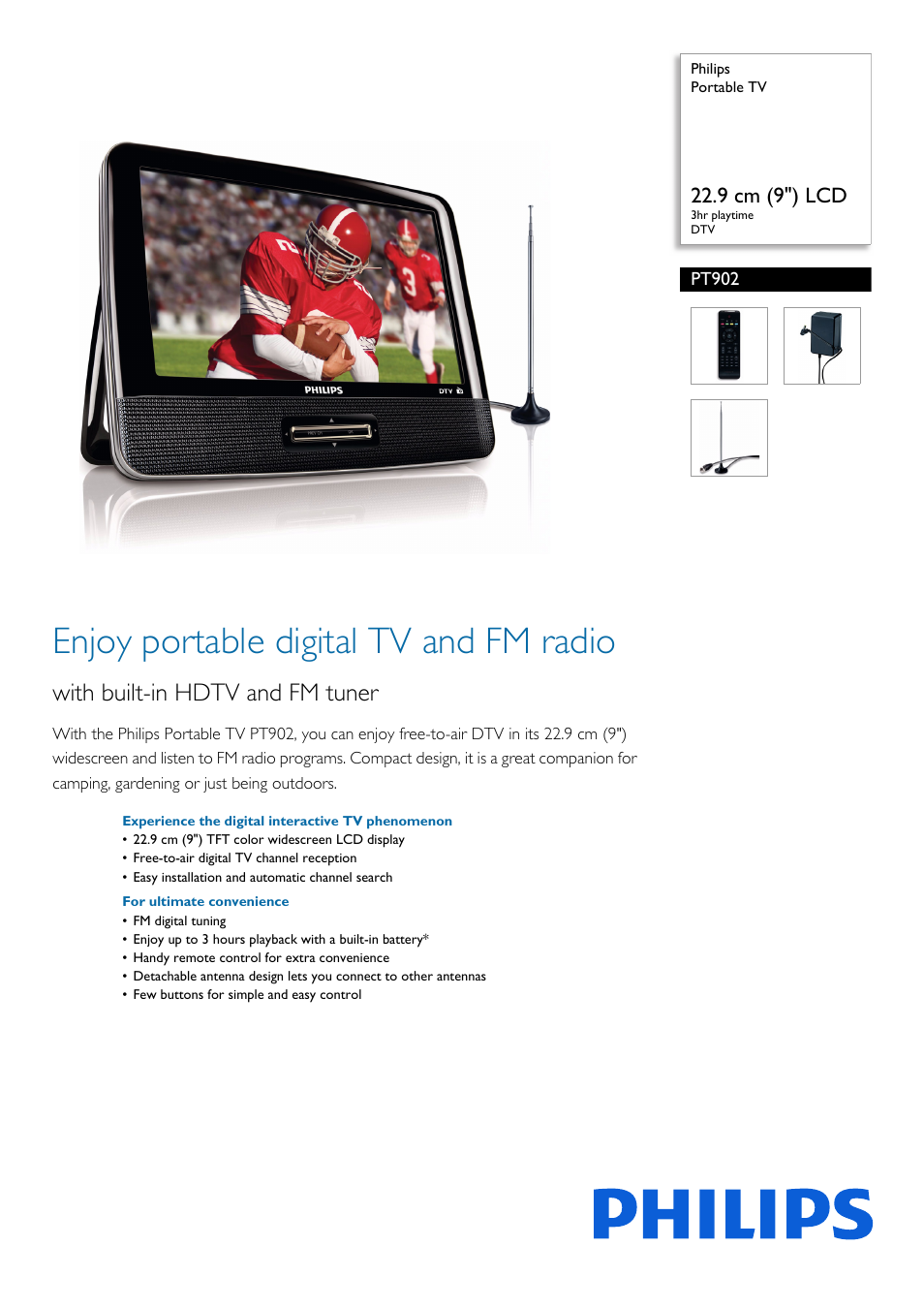 Philips Portable TV PT902 22.9 cm 9" LCD 3hr playtime DTV User Manual | 2 pages