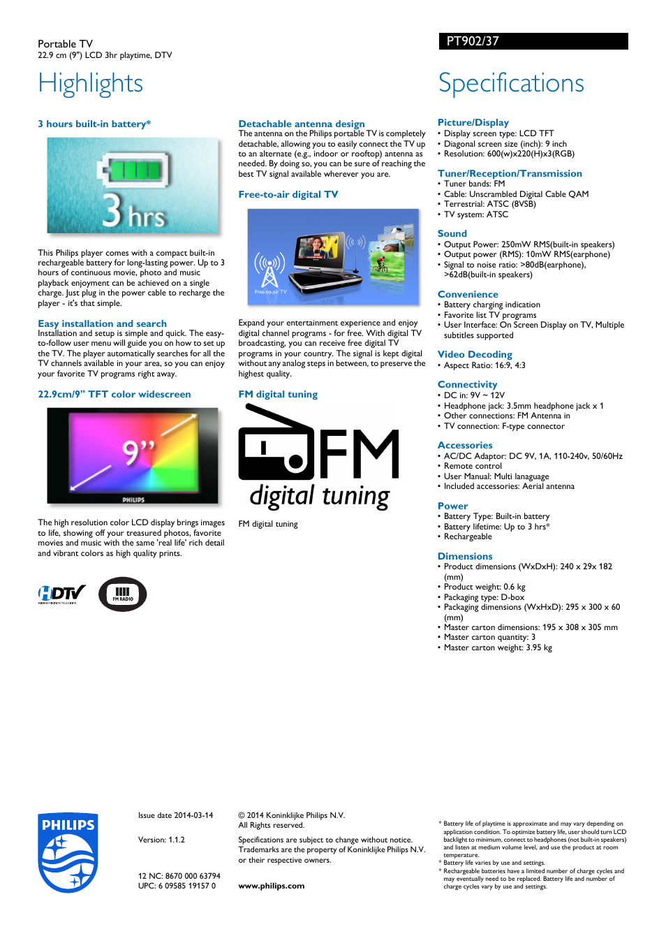 Highlights, Specifications | Philips Portable TV PT902 22.9 cm 9" LCD 3hr playtime DTV User Manual | Page 2 / 2