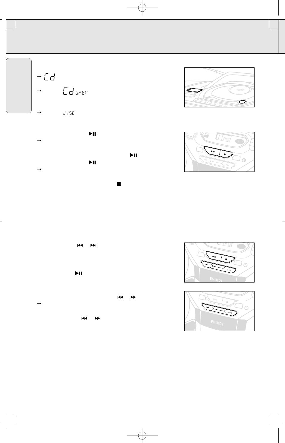 Cd player, English, Playing a cd | Selecting a different track, Finding a passage within a track | Philips PORTABLE RADIO CASS REC + CD User Manual | Page 12 / 44