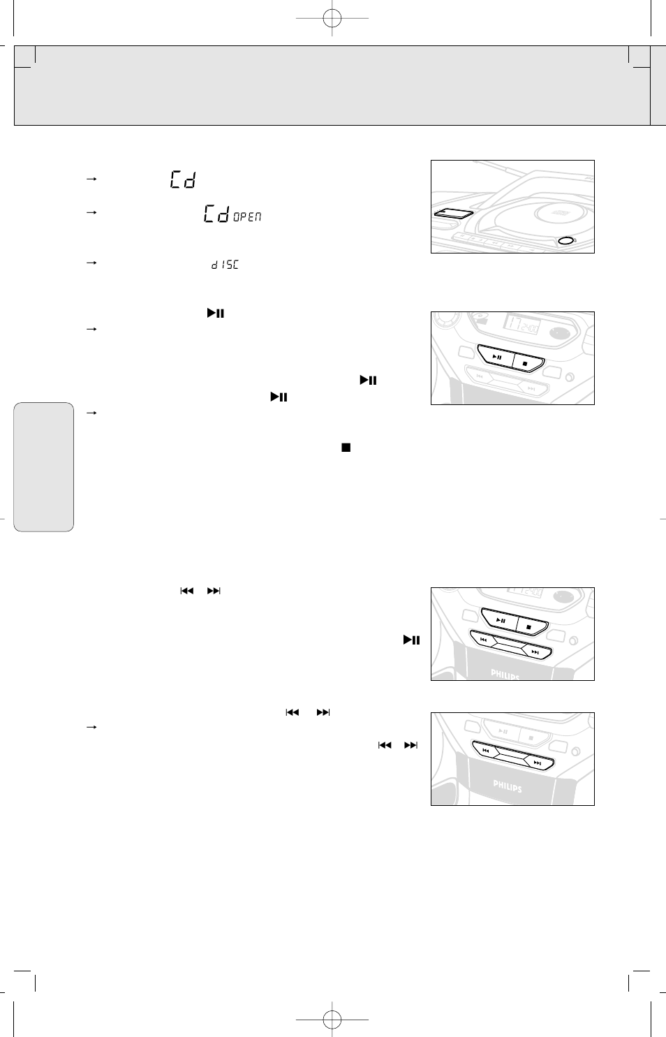 Reproductor de cd, Reproducción de un cd, Selección de una pista diferente | Búsqueda de un pasaje dentro de una pista, Espa ñ ol | Philips PORTABLE RADIO CASS REC + CD User Manual | Page 38 / 44