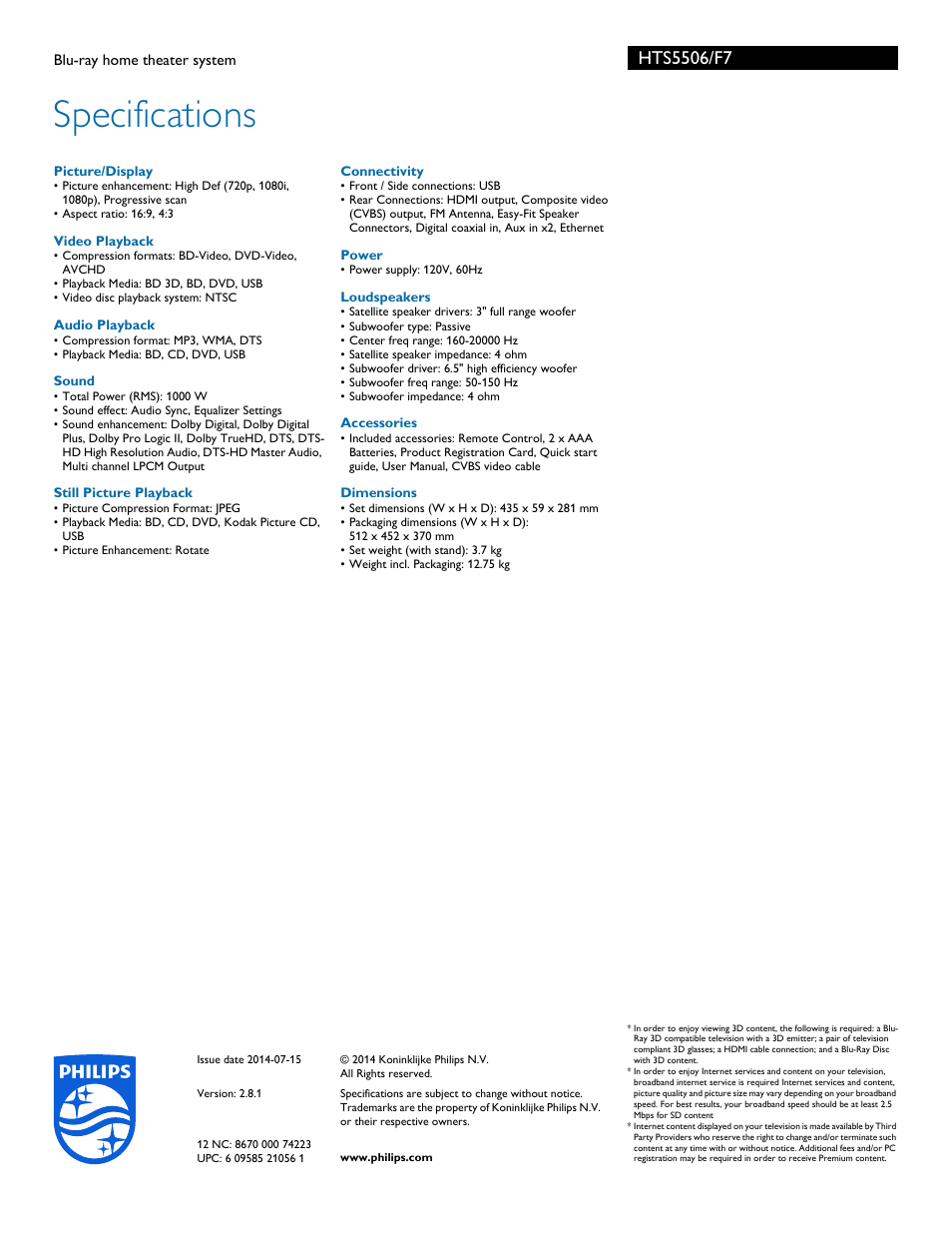 Specifications | Philips HTS5506-F7 User Manual | Page 3 / 3