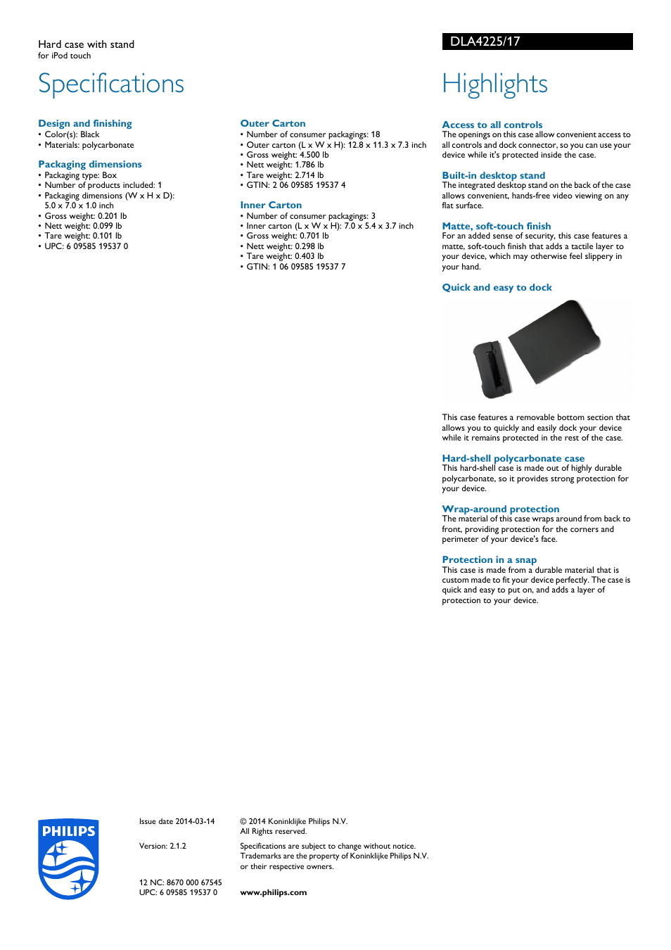 Specifications, Highlights | Philips DLA4225-17 User Manual | Page 2 / 2