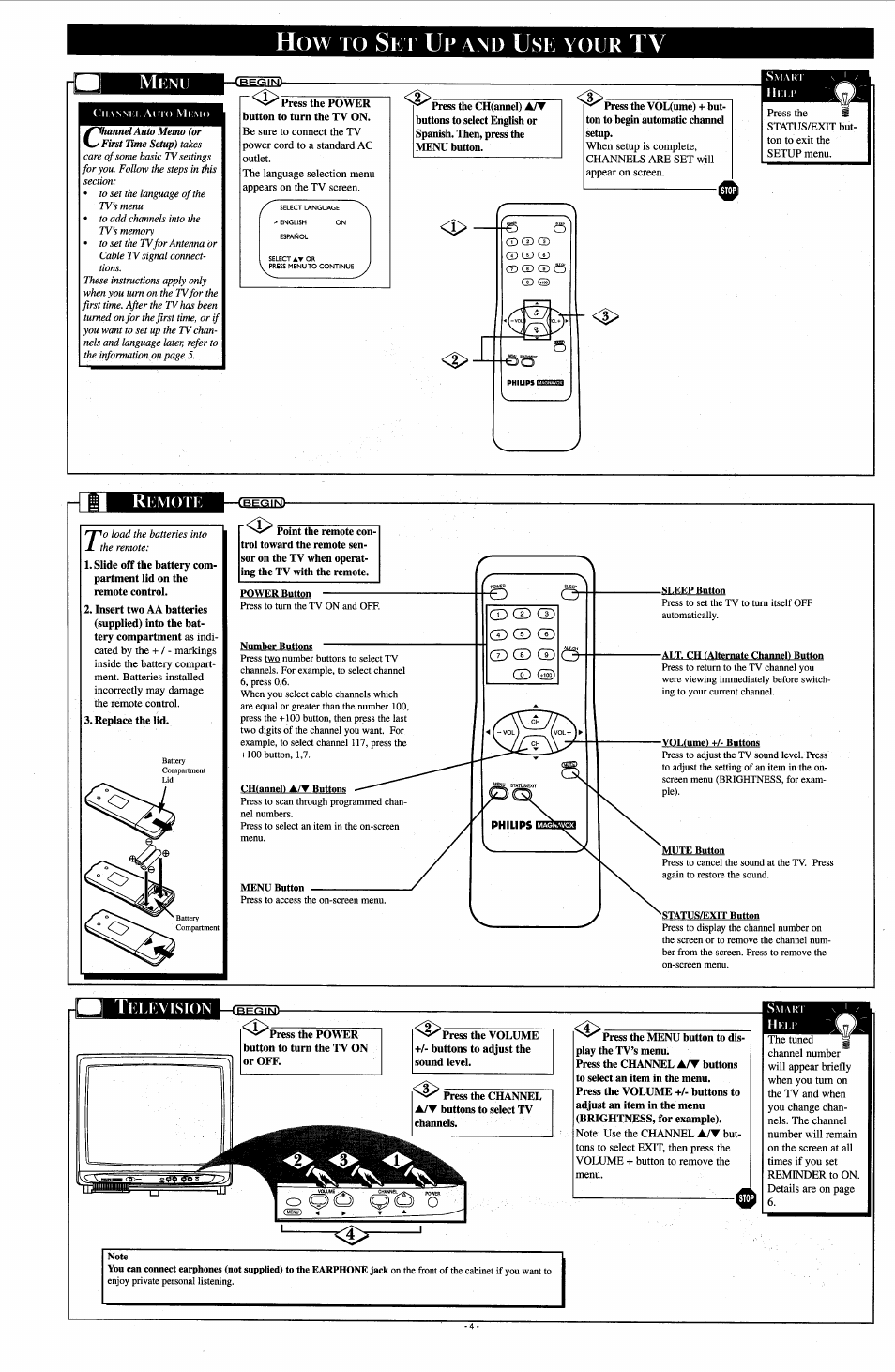 How to set up and use your tv, Menu, Remote | Cüsm, Chtanned a/'w buttons, Menu button, Status/exit button, Television, Your | Philips PR1308B User Manual | Page 4 / 8