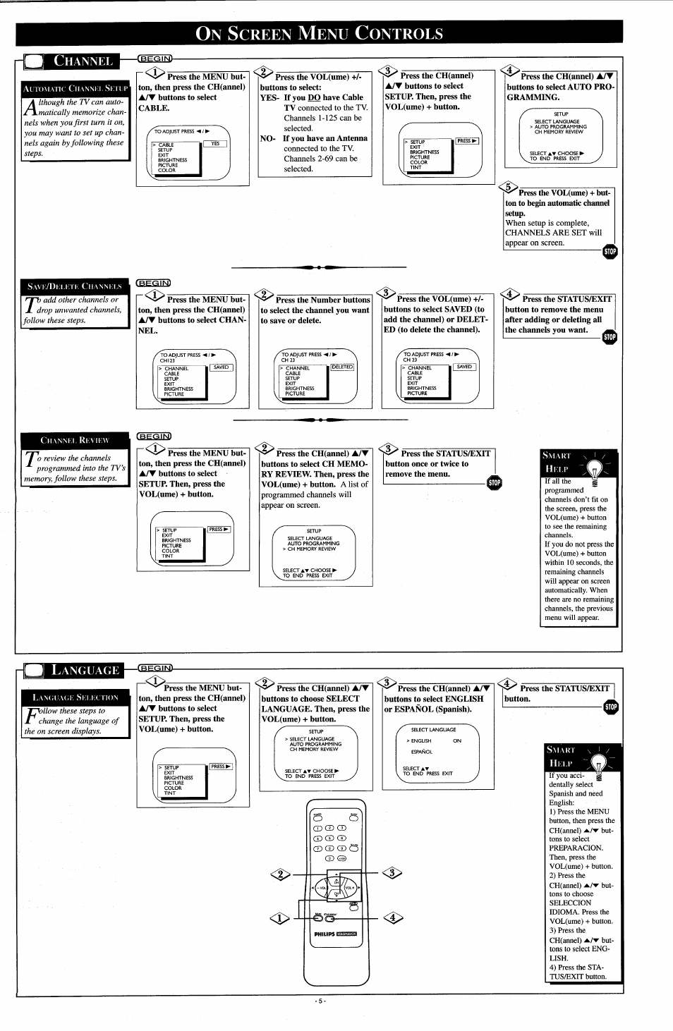 Channel, On screen menu controls, Cbeginl | Language, R-<ì>5, Creen, Ontrols, Hannel, Anguage | Philips PR1308B User Manual | Page 5 / 8