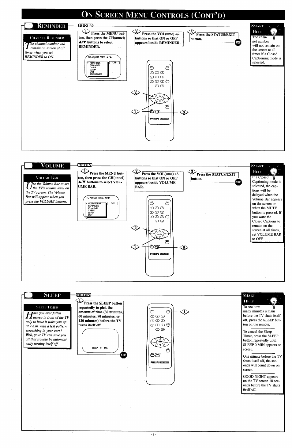 Reminder, On screen menu controls (cont’d), Creen | Ontrols | Philips PR1308B User Manual | Page 6 / 8