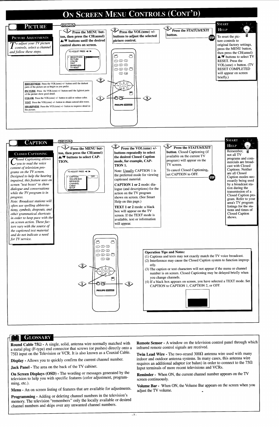 On screen menu controls (cont’d), Picture, Caption | Glossary, Creen, Ontrols | Philips PR1308B User Manual | Page 7 / 8