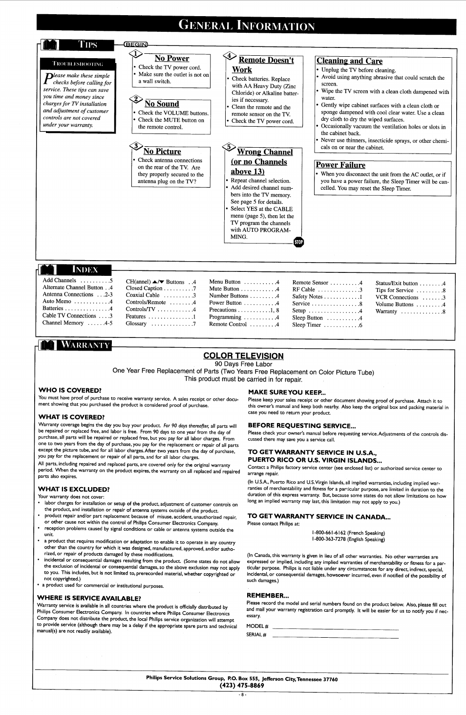 General information, Tips, Cbegin) | No power, No sound, No picture, Remote doesn*t work, Wrong channel (or no channels above 13), Cleaning and care, Power failure | Philips PR1308B User Manual | Page 8 / 8