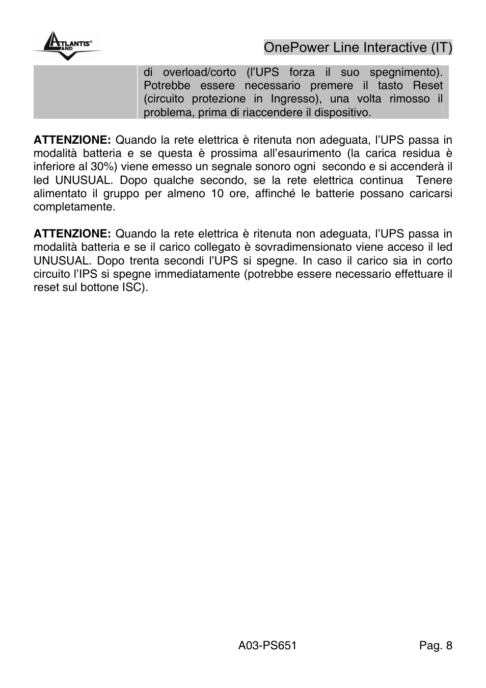 Onepower line interactive (it) | Atlantis Land Line Interactive UPS A03-PS651 _MX01 User Manual | Page 12 / 50