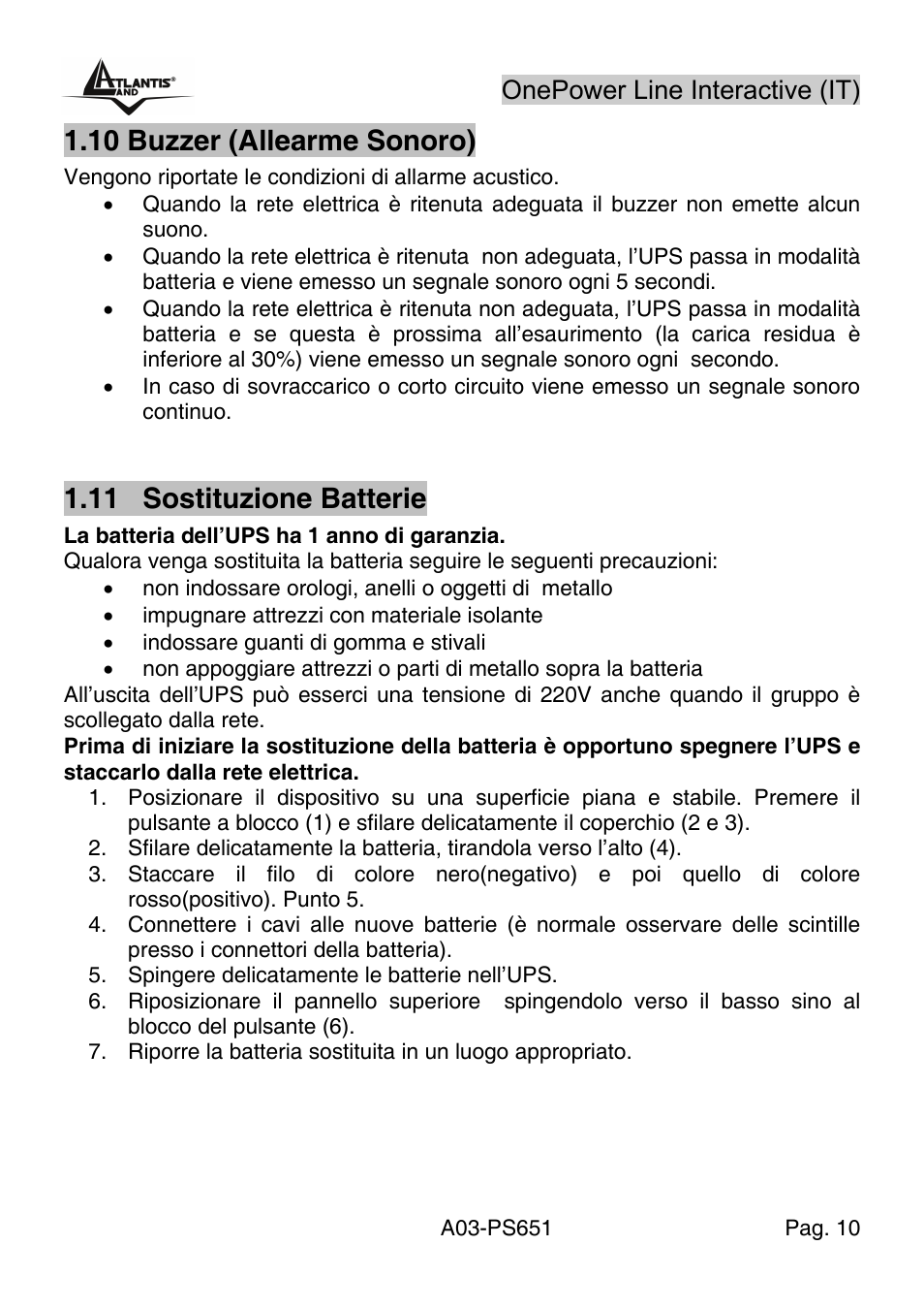 10 buzzer (allearme sonoro), 11 sostituzione batterie, Onepower line interactive (it) | Atlantis Land Line Interactive UPS A03-PS651 _MX01 User Manual | Page 14 / 50